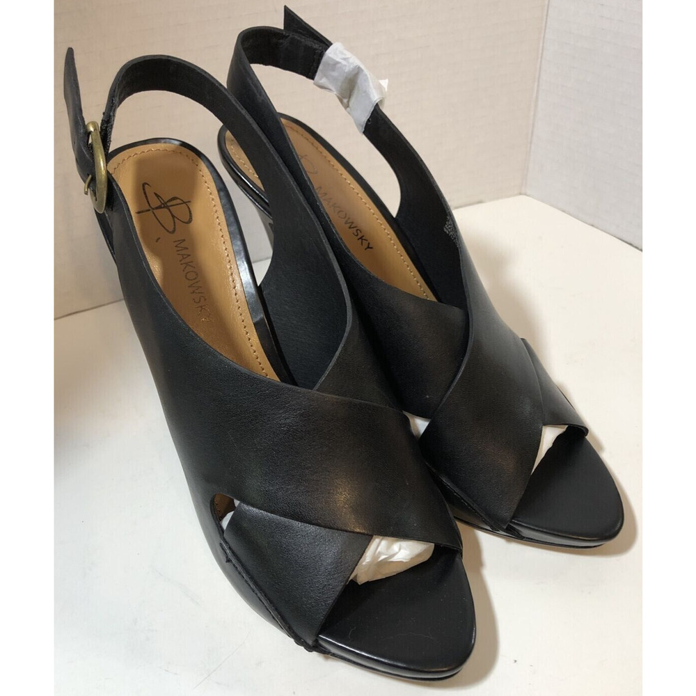 NIB Black Peep Toe HIGH HEELS Sling back Pumps Leather Womens Shoes Sz 9.5m NEW - Picture 3 of 5